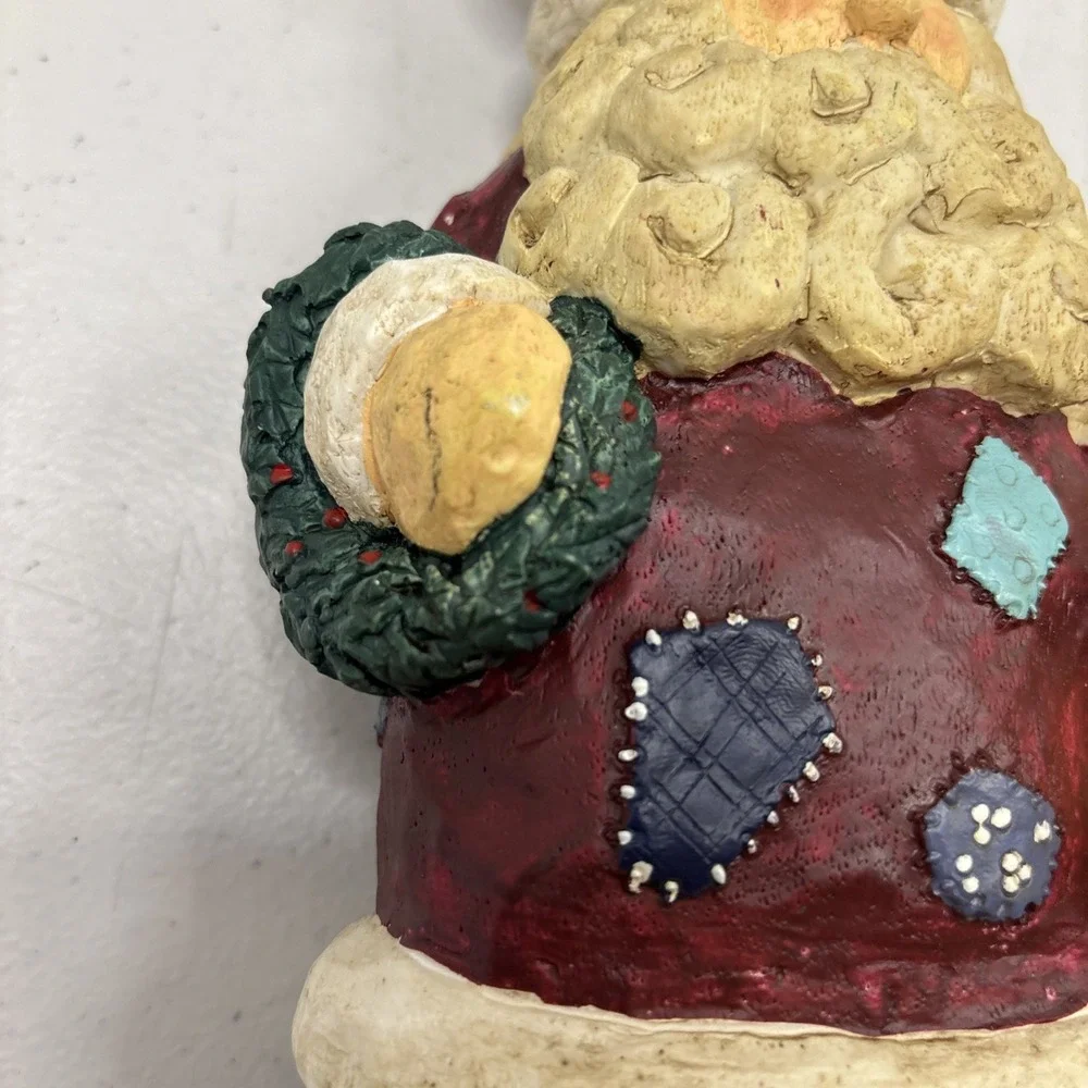 Vtg Resin Patchwork Santa Claus Holding Teddy Wreath‎ & Lantern Figurine